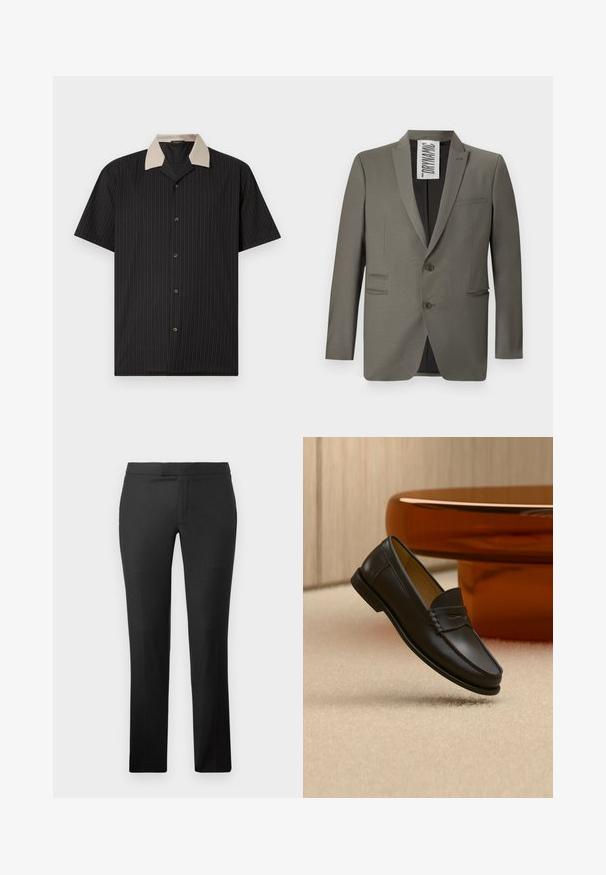 Blazer gris avec une coupe ajustée, deux boutons, revers crantés et poches latérales ; texture lisse avec un léger éclat.; Chemise à manches courtes noire avec des rayures verticales, dotée d'un col beige et de boutons sur le devant. Fabriquée en tissu léger avec une texture lisse.; Pantalons droits noirs en tissu lisse, dotés d'un devant plat, sans poches visibles et d'un design de taille épuré.; Chaussure mocassin en cuir noir suspendue au-dessus d’un tapis beige avec du mobilier moderne couleur ambre en arrière-plan.