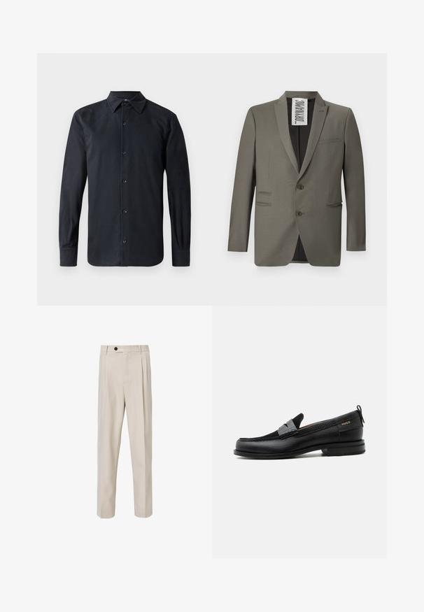 Grijze blazer met een getailleerde pasvorm, twee knopen, notch-revers en zijzakken; gladde textuur met een subtiele glans.; Zwarte longsleeve shirt met een standaard kraag, sluiting met knopen aan de voorkant, gemaakt van gladde stof, met een rechte snit en knoopmanchetten.; Beige op maat gemaakte broek met een recht model, voorzien van voorplooien, een knoopsluiting en een gladde stofstructuur.; Zwarte leren loafer met grijs riemdetailelement, lage hak en gestructureerde zool, aan de zijkant gebrandmerkt met "HUGO" in goud.
