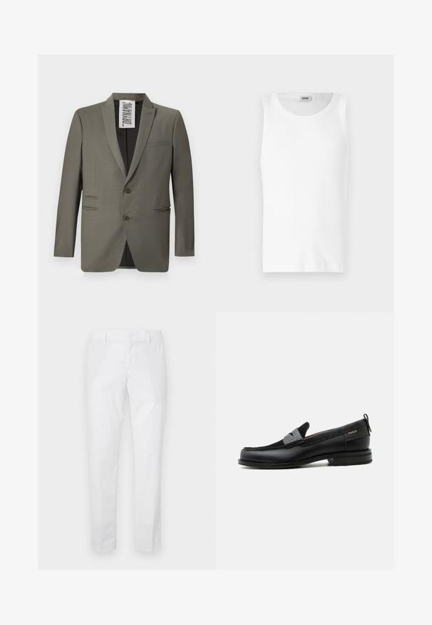 Blazer gris con un corte entallado, dos botones, solapas de muesca y bolsillos laterales; textura suave con un brillo sutil.; Camiseta sin mangas de algodón blanco con cuello redondo y una textura suave. Diseño sencillo, sin patrones ni acentos.; Pantalones blancos de corte ajustado con trabillas para cinturón y bolsillos laterales, mostrados extendidos sobre un fondo claro.; Mocasín de cuero negro con detalle de tira gris, tacón bajo y suela texturizada, con la marca "HUGO" en oro en el lateral.