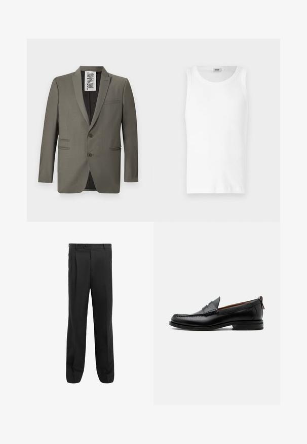 Blazer gris con un corte entallado, dos botones, solapas de muesca y bolsillos laterales; textura suave con un brillo sutil.; Camiseta sin mangas de algodón blanco con cuello redondo y una textura suave. Diseño sencillo, sin patrones ni acentos.; Pantalones negros con un diseño de pierna recta, que presentan pliegues, un cierre de un solo botón y trabillas para cinturón. Fabricados con una tela suave.; Mocasín de hombre de piel negra con costura moc toe, tira penny, cuello texturizado y tacón bajo apilado sobre fondo blanco.