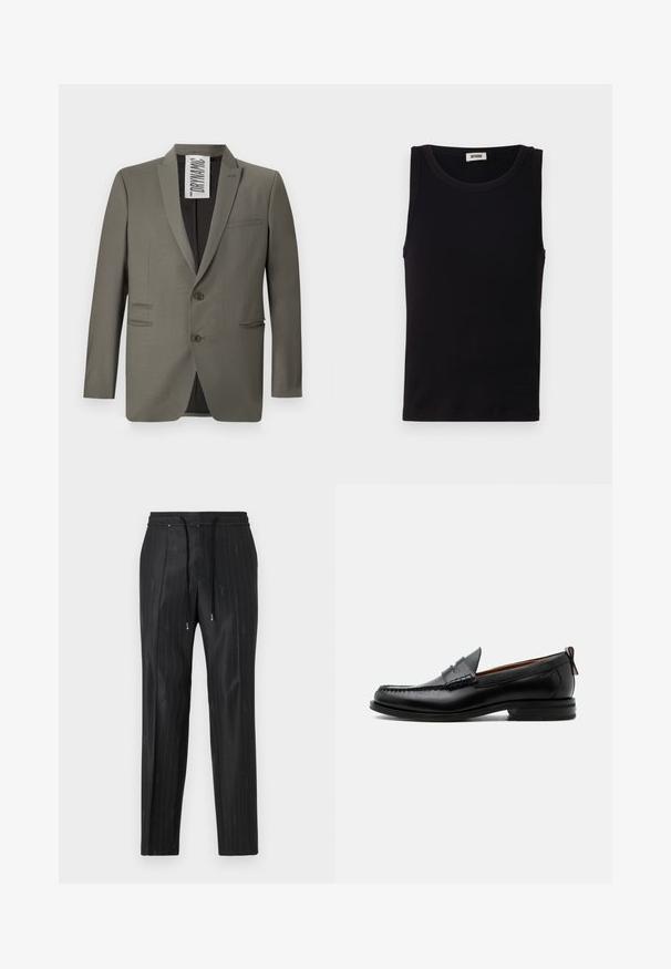 Blazer gris con un corte entallado, dos botones, solapas de muesca y bolsillos laterales; textura suave con un brillo sutil.; Top sin mangas negro hecho de algodón suave. Cuenta con un escote redondeado y un corte recto, con detalles de costura mínimos.; Pantalones negros de rayas finas hechos de una tela elegante, con una cómoda cinturilla elástica y detalles de cordón. Presentan un discreto logotipo.; Mocasín de hombre de piel negra con costura moc toe, tira penny, cuello texturizado y tacón bajo apilado sobre fondo blanco.