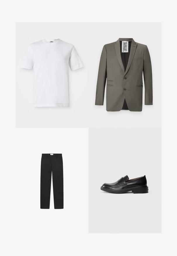 Grijze blazer met een getailleerde pasvorm, twee knopen, notch-revers en zijzakken; gladde textuur met een subtiele glans.; Witte katoenen t-shirt met korte mouwen, ronde hals en een soepele textuur. Geen patronen of accenten zichtbaar.; Zwarte broek met een recht gesneden ontwerp, gemaakt van stof met een gladde textuur, voorzien van twee zijzakken en een standaard tailleband.; Zwarte leren instap schoenen met een lage hak en subtiel Calvin Klein-logo aan de zijkant, weergegeven in profiel op een witte achtergrond.
