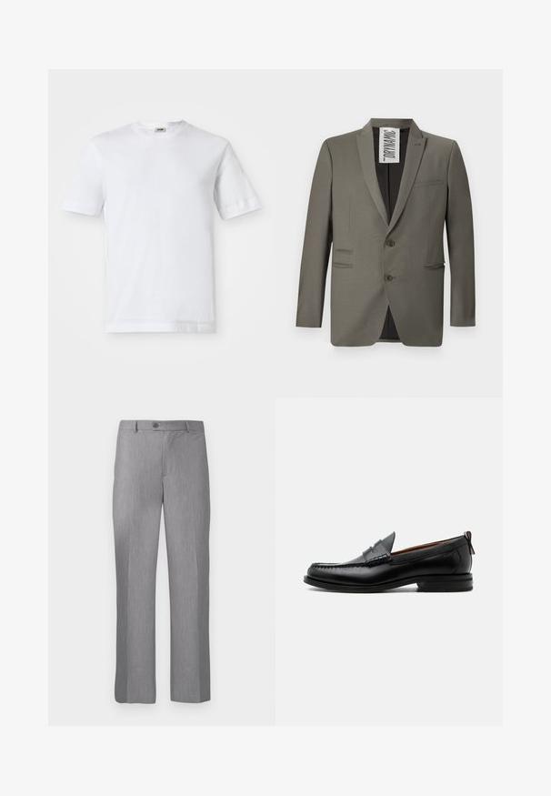 Grijze blazer met een getailleerde pasvorm, twee knopen, notch-revers en zijzakken; gladde textuur met een subtiele glans.; Witte katoenen t-shirt met korte mouwen, ronde hals en een soepele textuur. Geen patronen of accenten zichtbaar.; Grijze op maat gemaakte dresspantalon met riemlussen, voorste knoop en rits, met een recht gesneden pijp.; Zwarte leren herensloffen met moc toe stiksel, pennyriem, gestructureerde kraag en lage gestapelde hak op witte achtergrond.