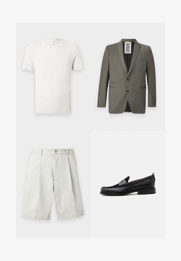 Blazer gris avec une coupe ajustée, deux boutons, revers crantés et poches latérales ; texture lisse avec un léger éclat.; T-shirt blanc uni à manches courtes et col rond, étalé à plat sur un fond gris clair, avec une petite étiquette en tissu au niveau du col.; Shorts gris clair en tissu texturé, dotés d'une fermeture à bouton, de plis et d'une coupe droite, adaptés à une tenue décontractée.; Mocassin en cuir noir avec détail de bride grise, talon bas et semelle texturée, marqué "HUGO" en or sur le côté.