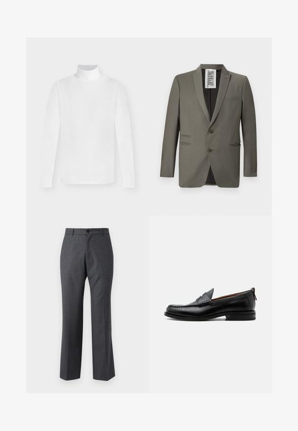Grijze blazer met een getailleerde pasvorm, twee knopen, notch-revers en zijzakken; gladde textuur met een subtiele glans.; Wit shirt met lange mouwen en coltrui met een getailleerde pasvorm, weergegeven tegen een effen lichtgrijze achtergrond.; Grijze op maat gemaakte dresspantalons, gemaakt van geweven stof, met een rechte pijpdesign, vlakke voorkant en een enkele knoopsluiting.; Zwarte leren herensloffen met moc toe stiksel, pennyriem, gestructureerde kraag en lage gestapelde hak op witte achtergrond.