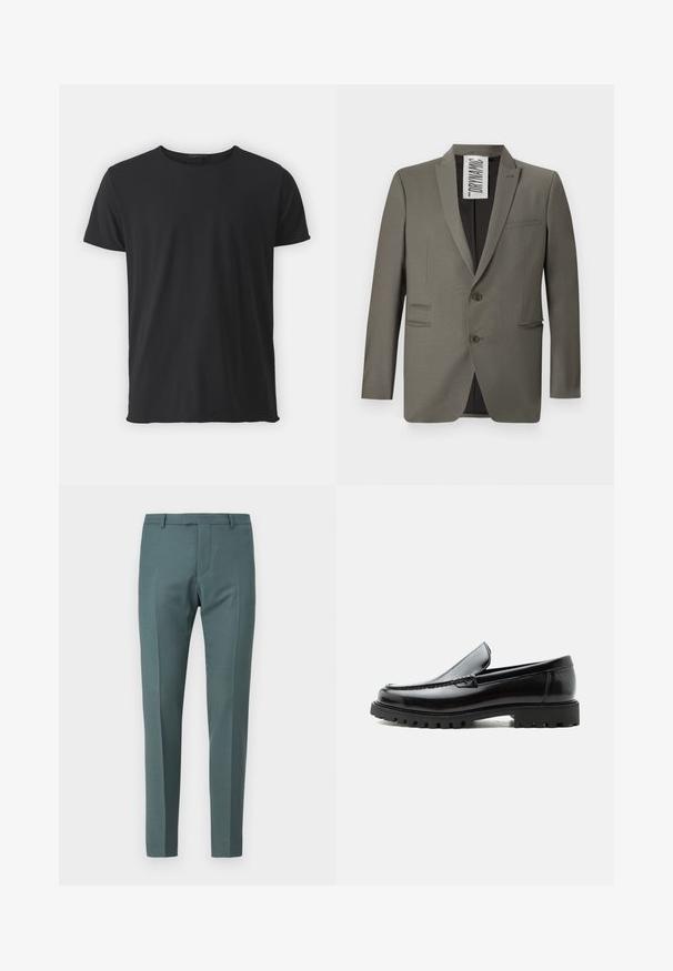 Grå blazer med skræddersyet pasform, to knapper, stiklapeller og sidelommer; glat tekstur med en subtil glans.; Sort kortærmet t-shirt lavet af blødt bomuld, med en klassisk rund halsudskæring og en glat tekstur, samt en lige pasform.; Skræddersyede bukser i en mørk teal farve, med en glat tekstur, lige snit, flad front og sidelommer.; Sort læderloafer med chunky gummisål, syet overdel og præget mærkenavn på hælen, vist i sideprofil på hvid baggrund.