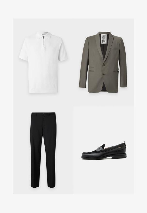 Grau blazer mit einer taillierten Passform, zwei Knöpfen, Reverskragen und seitlichen Taschen; glatte Textur mit einem dezenten Glanz.; Weißes kurzärmeliges Polohemd mit strukturiertem Strick, ausgestattet mit einem Reißverschlusskragen und einem gerippten Saum. Sauberes Design, geeignet für die legere Freizeit.; Schwarze maßgeschneiderte Hose mit flachem Frontschnitt, normaler Taille und geraden Beinen. Hergestellt aus glattem Material, mit einem einzelnen Knopfverschluss.; Schwarzer Lederloafer mit grauem Riemendetail, niedrigem Absatz und strukturierter Sohle, seitlich mit „HUGO“ in Gold gebrandmarkt.