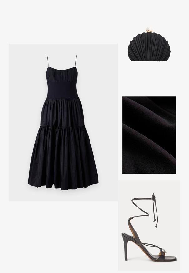 Zwarte stof met een glad, gestructureerd oppervlak, gekenmerkt door zachte golven en vouwen. Materiaal lijkt zacht en pluizig.; Cinq à Sept GINNY DRESS - Cocktailjurk - navy; Zwarte sandalen met hoge hak en dunne enkelriempjes, open teen en zilveren decoratieve ringen op de voorste band tegen een witte achtergrond.; Zwarte clutch in schelpvorm met geplooide textuur en gouden sluiting gedrukt met twee pareldecoraties.