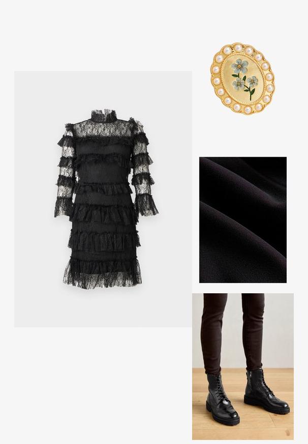 Tela negra con una superficie suave y texturada, que presenta suaves ondas y pliegues. El material parece blando y mullido.; Vestido negro de encaje hasta la rodilla con cuello alto, mangas largas transparentes y volantes en capas en el cuerpo y los brazos.; Botas negras de cuero hasta el tobillo con detalles de brogue, cordones en la parte delantera, cremalleras laterales y suelas de goma texturizadas. Combinadas con pantalones oscuros de corte slim.; Broche ovalado de oro con flores de esmalte azul en el centro, rodeado por un borde de perlas blancas redondas.
