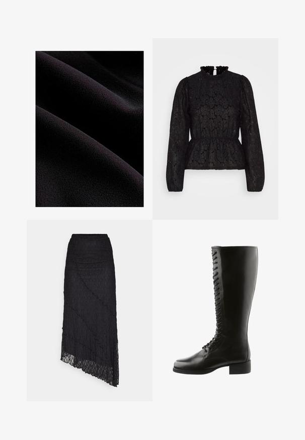 Zwarte stof met een glad, gestructureerd oppervlak, gekenmerkt door zachte golven en vouwen. Materiaal lijkt zacht en pluizig.; Pieces PCJANESSA - Longsleeve - black; ONLY ONLKIM SLIT - Maxirok - black; Zwarte leren laarzen tot de knie met een vetersluiting aan de voorkant, ronde neus en blokhak, met een gladde textuur en geen zichtbare patronen.
