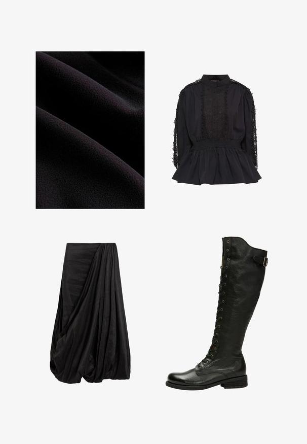 Schwarzer Stoff mit einer glatten, strukturierten Oberfläche, die sanfte Wellen und Falten aufweist. Das Material erscheint weich und flauschig.; Schwarze Bluse mit hohem Kragen, Knopfverschluss vorne, Spitzenverzierungen an den Ärmeln, schmaler Taille und einem ausgestellten Saum. Weicher Stoff mit strukturierten Akzenten.; Schwarzer, drapierter Rock aus einem glatten Stoff, der mit komplexen Falten und einer fließenden Silhouette überzeugt. Der Rock hat eine geraffte Taille.; Schwarze Leder-Knöchelstiefel mit Schnürung vorne, silbernen Ösen und seitlichem Schnallenverschluss. Verfügt über eine strukturierte Oberfläche und einen gestapelten Absatz.