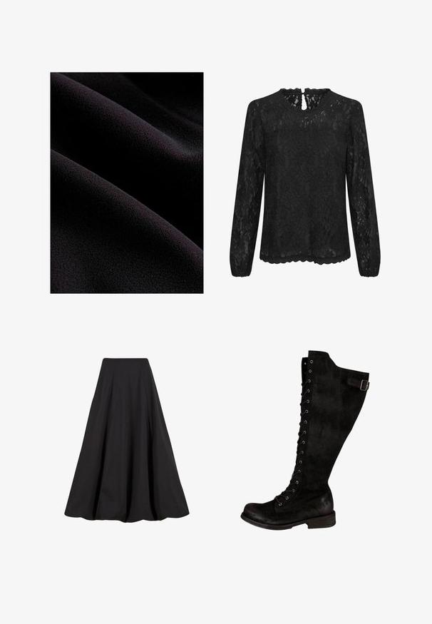 Zwarte stof met een glad, gestructureerd oppervlak, gekenmerkt door zachte golven en vouwen. Materiaal lijkt zacht en pluizig.; Zwarte kanten blouse met lange mouwen, een ronde halslijn, een gekartelde zoom en een keyhole-detail aan de achterkant. Fijne bloemenpatroon door het hele kledingstuk.; Zwarte maxi-rok van gladde stof, met plooien en een hoge taille. Het ontwerp biedt een vloeiende silhoeet en voldoende volume.; Zwarte kniehoge laarzen van suède, met een veter sluiting aan de voorkant, zilveren oogjes en een zijband met een gesp. Comfortabel vlakke hak.