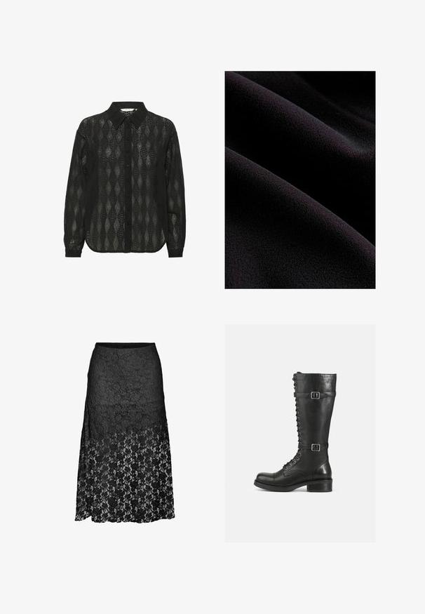 Tela negra con una superficie suave y texturada, que presenta suaves ondas y pliegues. El material parece blando y mullido.; Camisa negra de botones hecha de tela transparente, con un patrón de diamantes y un cuello puntiagudo. Mangas largas con puños abotonados.; Falda midi negra de encaje con patrón floral, cintura ajustada y parte inferior semitransparente, exhibida sobre fondo blanco.; Botas altas de cuero negro con cordones en la parte delantera, hebillas en los laterales, textura suave, punta redondeada y un tacón bajo resistente.
