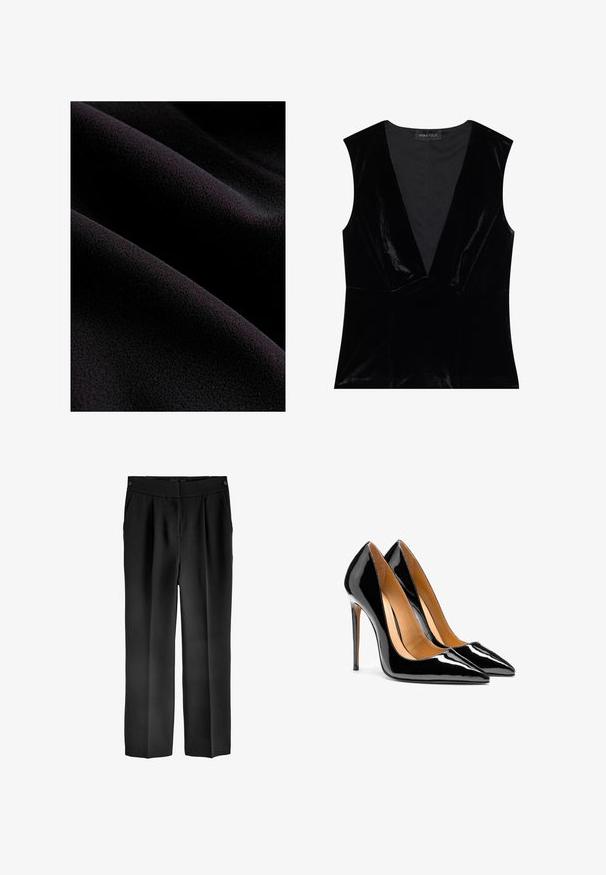 Tela negra con una superficie suave y texturada, que presenta suaves ondas y pliegues. El material parece blando y mullido.; Top sin mangas de terciopelo negro con un profundo escote en V y un ajuste entallado, con costuras horizontales en la cintura y un forro interior suave.; Next TAILORED - Pantalones - black; Par de tacones altos de charol negro brillante con punta afilada, tacones de aguja y forro interior color beige sobre fondo blanco.