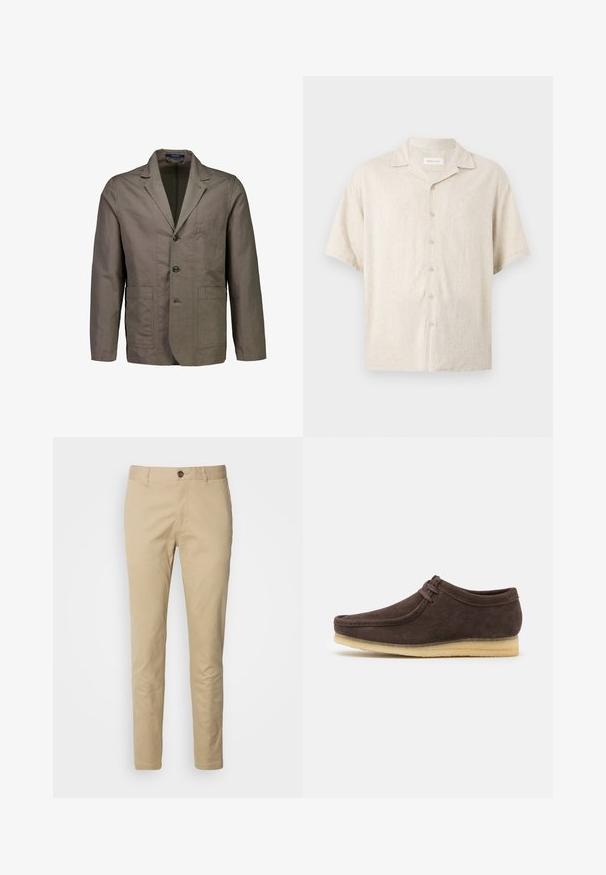 Herre taupe afslappet blazer med hakede revers, tre-knaps lukning foran og to store lappelommer foran, vist på hvid baggrund.; Beige kortærmet skjorte med knapper foran, camp-krave og en afslappet pasform, lavet af letvægtsstof.; Beige chinos med knappelukning, slim fit og glat bomuldsstof. Har syningsdetaljer og standard fem-lomme design.; Brune ruskindsko med en glat overflade, rund tå og minimalistisk design. Har en lysgummisål og kontrastfarvet snøredetalje.