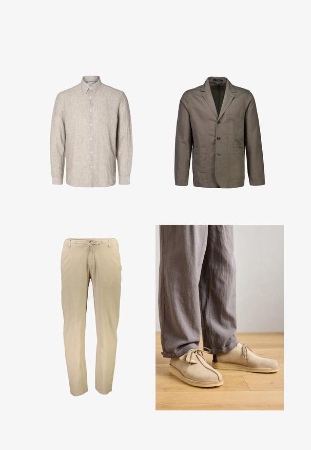 Herren-Taupe-Freizeitblazer mit Notch-Revers, Dreiknopf-Verschluss und zwei großen aufgesetzten Fronttaschen, auf weißem Hintergrund gezeigt.; Helles graues Leinenhemd mit langen Ärmeln, geknöpftem Kragen und vorderer Knopfleiste. Textil mit einer dezenten Struktur.; Beige, leichte Leinenhosen mit einem elastischen Bund und Kordelzug. Gerader Schnitt mit minimalen Nähten und ohne sichtbare Taschen.; Beige Wildlederschuhe mit runder Zehenpartie, Schnürdetails und genähten Akzenten, kombiniert mit lockeren grauen Leinenhosen auf einem Holzboden.
