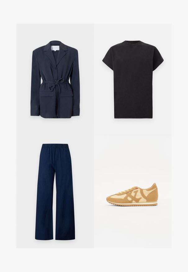 Blazer bleu marine en tissu lisse, avec col cranté, fermeture à un bouton, deux poches avant et ceinture à la taille pour ajustement.; T-shirt noir à manches courtes avec col rond, coupe décontractée, design uni et col côtelé sur fond blanc.; Pantalon bleu marine à jambes larges avec taille élastique et devant plat, en tissu léger.; Sneaker en daim et cuir marron avec des accents blancs, design à lacets, panneaux texturés et semelle en caoutchouc avec un motif en zigzag.