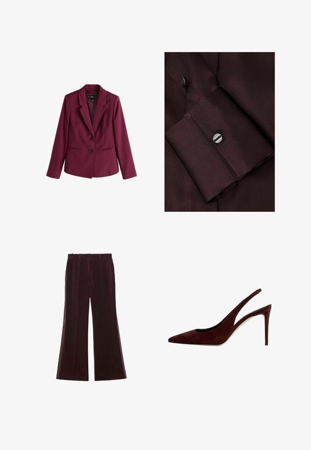 Damen taillierter Blazer in Dunkelrot mit zwei vorderen Knöpfen und Revers mit Kerbe, langen Ärmeln und Seitentaschen.; Bordeauxfarbenes Hemd mit glatter Textur, ausgestattet mit einem Knopfverschluss und kontrastierenden Nähten am Manschettenrand.; Burgunderfarbene Samt-Hosen mit weitem Bein und glatter Textur, ausgestattet mit seitlichen Taschen und einem klassischen Taillenbund-Design.; Dunkelrote Wildleder Slingback-Pumps mit spitzer Zehe und Stiletto-Absatz, Seitenansicht vor einem weißen Hintergrund.