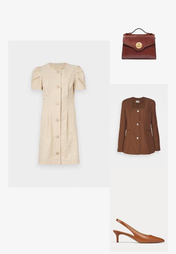 Bruine op maat gemaakte blazer met een vierkante halslijn, drie zilveren knopen, twee voorkleppen en gedetailleerde stiksels langs de zijkanten.; Korte mouw beige jurk met een rechte snit, featuring pofmouwen, een ronde halslijn en vijf decoratieve knopen aan de voorkant.; Bruine leren slingback-schoen met lage hak, puntige neus en smalle hak op een effen lichte achtergrond.; Bruine leren handtas met handvat aan de bovenkant en ronde gouden draaisluiting op de voorflap, afgebeeld tegen een witte achtergrond.