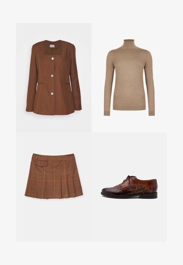 Brun skræddersyet blazer med firkantet halsudskæring, tre sølvknapper, to forlommer og detaljeret syning langs siderne.; Beige langærmet tætsiddende rullekravesweater med ribkanter ved ærmer og kant, vist på hvid baggrund.; Brunternetternet skørt med plisseret design, orange detaljer og en sidelomme. Fremstillet af tekstureret materiale med en tætsiddende talje.; Brun lædersko til kjole med krokodilletekstur og leopardprint stofpaneler, snørebånd og kvastdetalje på siden.
