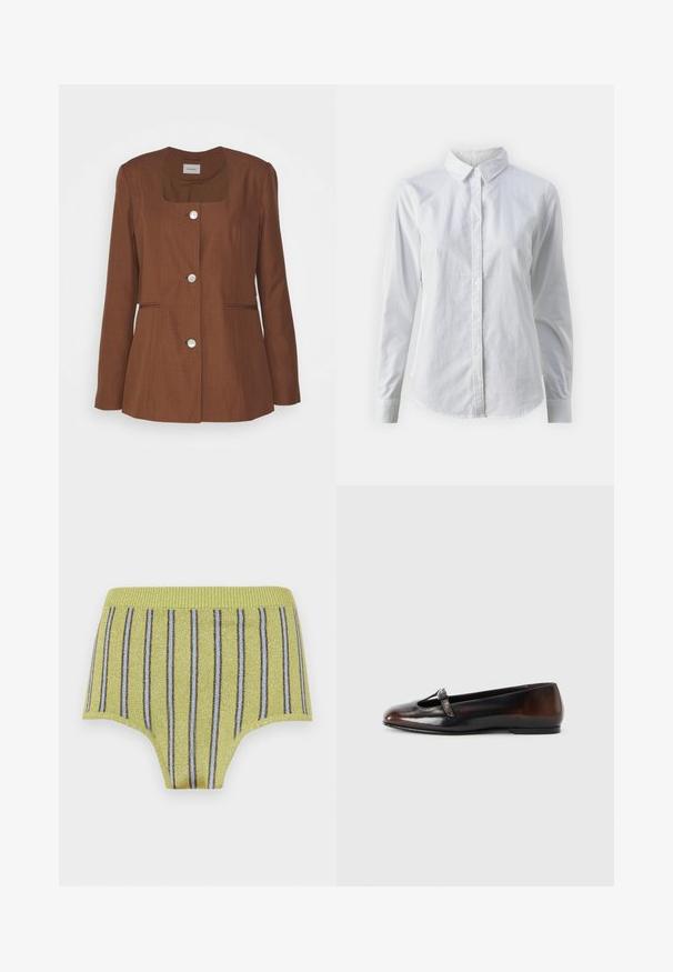 Brun skræddersyet blazer med firkantet halsudskæring, tre sølvknapper, to forlommer og detaljeret syning langs siderne.; Hvid skjorte med knapper lavet af glat bomuld, der har en klassisk krave, lange ærmer og en buet kant. Knapperne er små og hvide.; Gule ribbede briefs med skinnende guldtråde og lodrette blå og brune striber. Har en bred elastisk talje og en glat tekstur.; Brune læder flad sko med rund tå og en midterrem. Glat tekstur med en let blank finish. Slank, minimalistisk design.