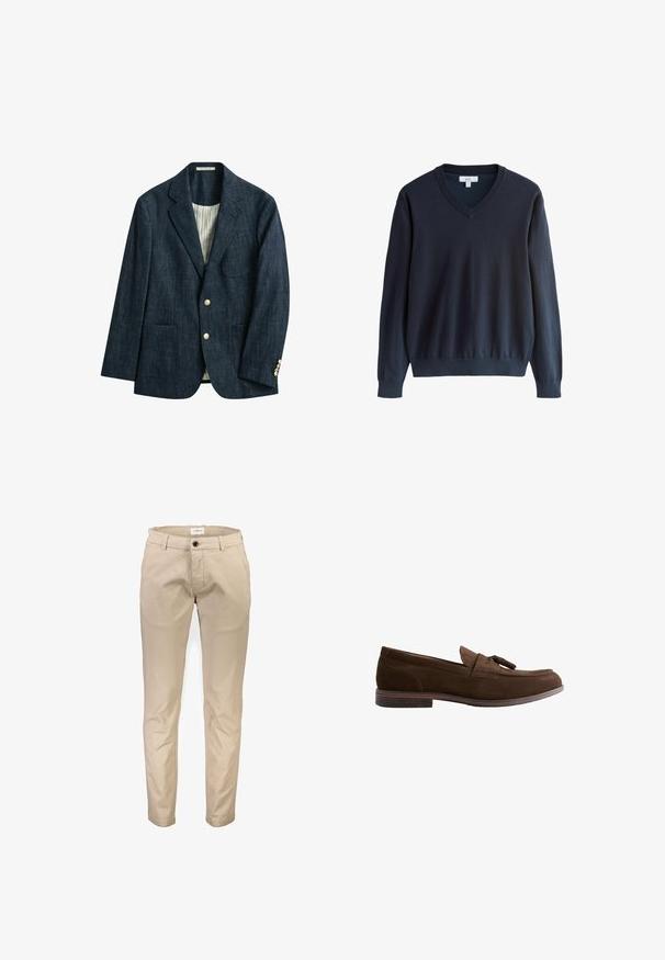 Dunkelblauer Denim-Blazer mit Spitzenrevers, zwei Vorderentaschen, zwei goldenen Knöpfen und creme gestreiftem Innenfutter.; Dunkel marineblauer Pullover mit V-Ausschnitt und langen Ärmeln, mit gerippten Bündchen und Saum, Größe M.; Beige Baumwollhosen mit geradem Bein, ausgestattet mit Vordertaschen, Reißverschluss und einem einzelnen Knopfverschluss. Glatte Textur, ohne Muster.; Brauner Wildleder-Herrentasselloafer mit niedrigem gestapeltem Absatz und abgesteppten Details vor weißem Hintergrund.