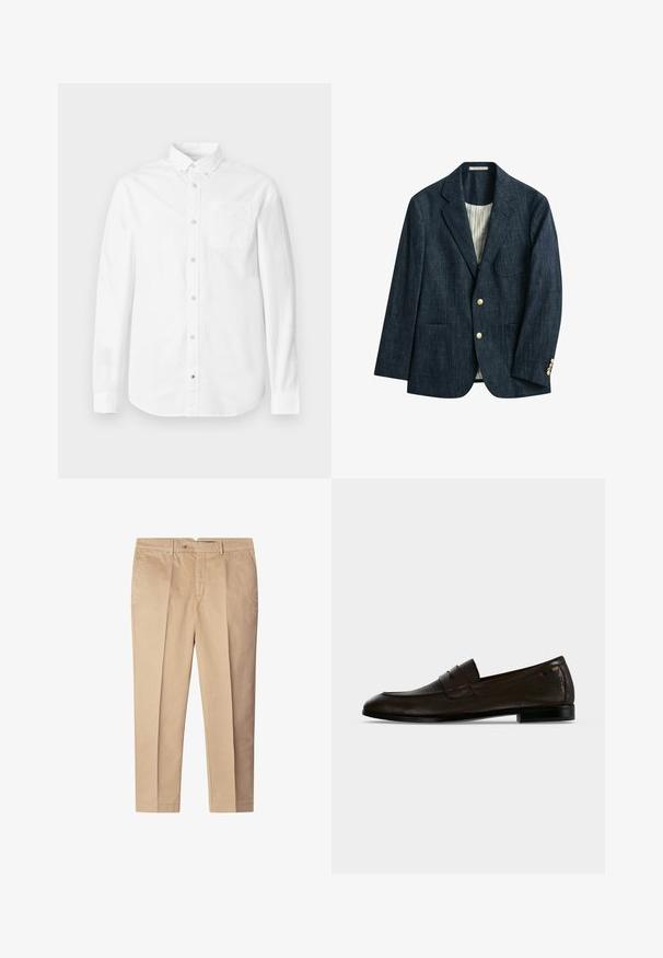 Donkerblauw denim blazer met inkeping revers, twee voorzakken, twee gouden knopen en crème gestreepte binnenvoering.; Witte blouse met lange mouwen van katoen. Voorzien van een button-down kraag, voorzak en subtiele textuur. Rechte zoom met knoopsluitingen.; Beige katoenen broeken met een slim-fit pasvorm, voorzien van voorplooien, zijzakken en een knoopsluiting. Gladde textuur, recht pijpdesign.; Donkerbruine leren penny loafer met lage zwarte hak en zichtbaar gestructureerde nerf, getoond in zijaanzicht op een neutrale achtergrond.