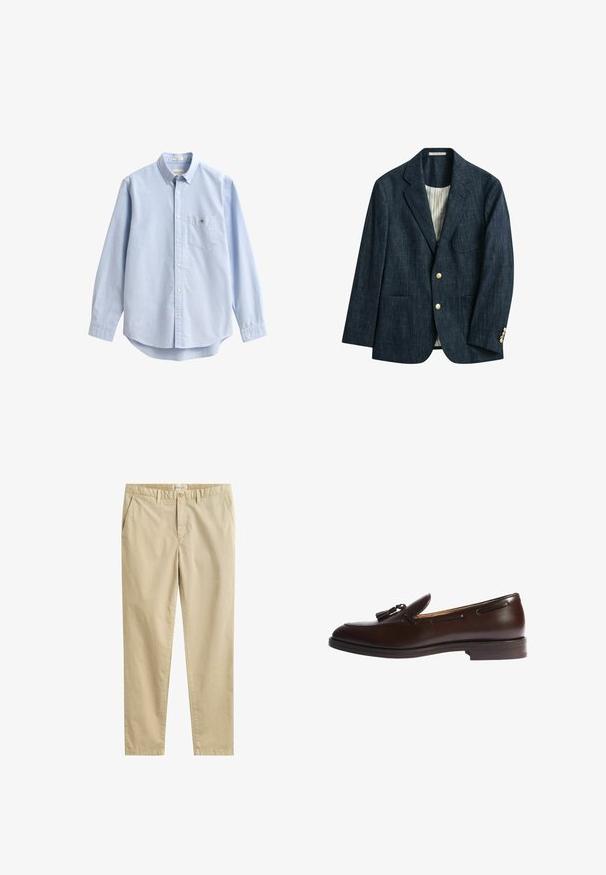 Blazer en denim bleu foncé avec revers crantés, deux poches avant, deux boutons dorés et doublure intérieure rayée crème.; Chemise bleu clair en coton avec boutons. Elle comporte une poche poitrine, des manches longues et un col classique. Texture lisse avec un ourlet arrondi.; Pantalon en coton beige à jambes droites avec passants pour ceinture, poches latérales, fermeture par bouton, et étiquette de marque GANT à l'intérieur de la ceinture.; Mocassin en cuir marron avec détail de pampille, bout rond, accents cousus et semelle plate. Texture lisse et design classique.