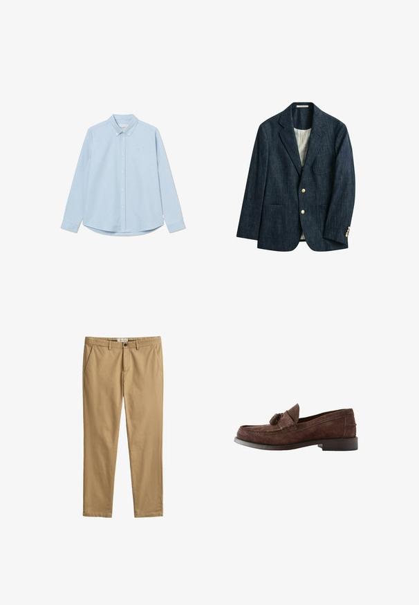 Donkerblauw denim blazer met inkeping revers, twee voorzakken, twee gouden knopen en crème gestreepte binnenvoering.; Lichtblauwe lange mouwen overhemd met knoopsluiting en een puntige kraag, enkel borstlogo en afgeronde zoom. Gemaakt van gladde stof met een effen textuur.; Beige slim-fit chino's met riemlussen, zijzakken, knoop- en ritssluiting, gebrand GANT-label op de tailleband.; Bruine suède herenslipper met kwastjesdetail en lage gestapelde hak, zijaanzicht tegen een witte achtergrond.
