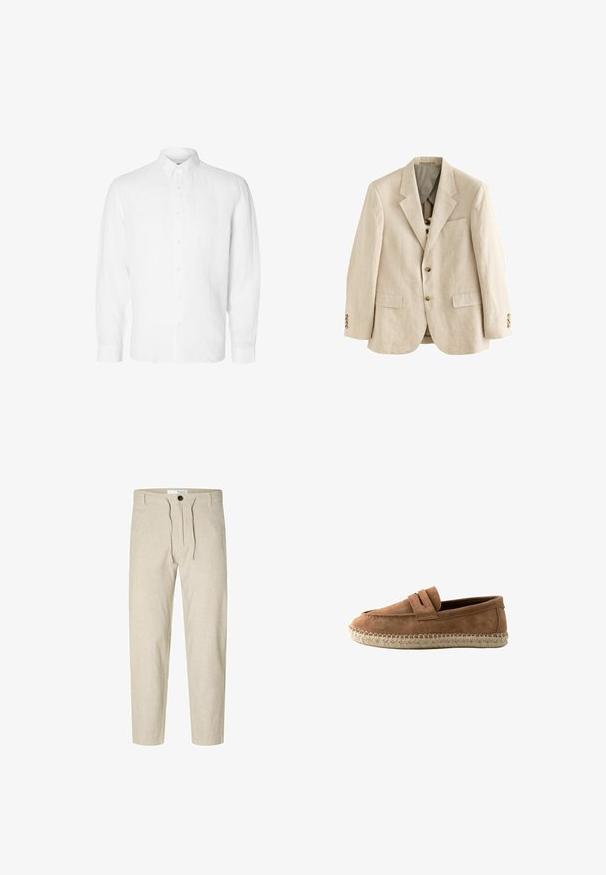 Beige Leinenblazer mit Notch-Revers, zwei vorderen Taschen, drei braunen Knöpfen an jedem Ärmel und einer einzigen Brusttasche.; Weißes Langarmhemd aus Leinen mit Button-Down-Kragen, vorderen Knöpfen und einer lässigen Passform mit geraden Manschetten.; Selected Slim Tapered Linen Blend - Stoffhose - vetiver; Brauner Wildleder-Slipper mit einer gewebten Jute-Espadrille-Sohle und einem Riemen-Detail über dem Spann, im Profil vor weißem Hintergrund gezeigt.
