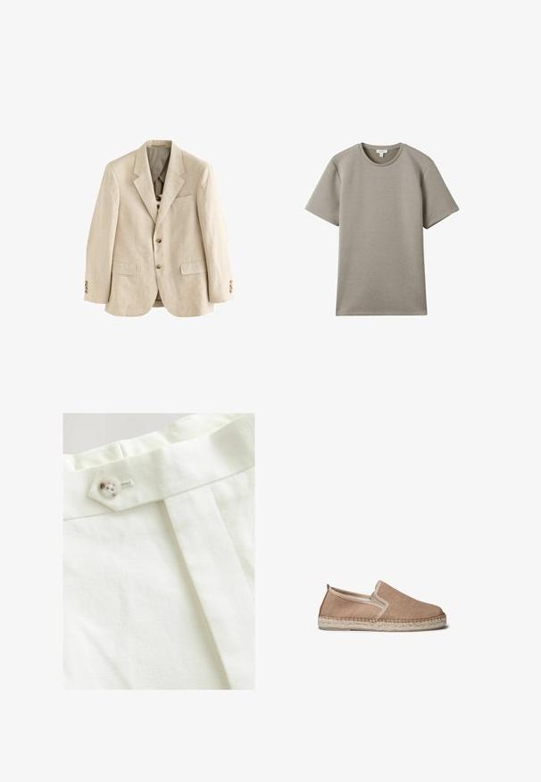 Beige linnen blazer met gelogen revers, twee voorzakken, drie bruine knopen op elke mouw en een enkele borstzak.; Lichtgrijs, T-shirt met korte mouwen, gemaakt van zachte stof met een ronde halslijn en rechte snit; minimaal stikwerk en strakke lijnen.; Witte stof met een gladde textuur, voorzien van een enkele knoopsluiting, een geplooid ontwerp en nette stikdetails.; Beige canvas instappers met gevlochten jute zool en elastisch zijpaneel, afgebeeld op een witte achtergrond.