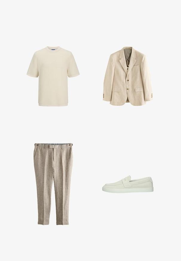 Beige linned blazer med notched lapels, to frontlommer, tre brune knapper på hver ærme og en enkelt brystlomme.; Cremefarvet kortærmet t-shirt i et struktureret strikmønster. Har en rund halsudskæring og en lige kant.; Beige hørslanke bukser med sidelommer, bæltestropper og knappede justerbare stropper ved taljen.; Lyse beige ruskindslipper med lav hvid gummisål og en bred rem over overdelen, set fra siden.