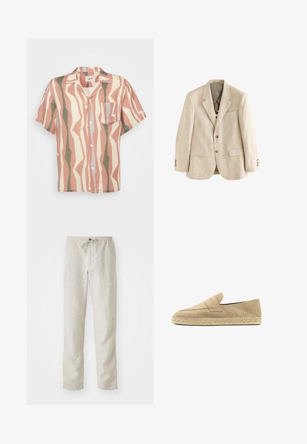 Beige Leinenblazer mit Notch-Revers, zwei vorderen Taschen, drei braunen Knöpfen an jedem Ärmel und einer einzigen Brusttasche.; Kurzarmpfeliges Hemd mit einem hellrosa, beigen und grünen Zickzackmuster; enthält eine einzelne Brusttasche und weiße Knöpfe.; Helle beige Leinenhose mit geradem Beinschnitt, elastischem Bund, verstellbarem Kordelzug und ohne sichtbare Muster oder Metallteile.; Beiger Wildleder-Espadrille-Slipper mit gewebter Jutsohle und einer vernähten Riemendekoration über dem Obermaterial.