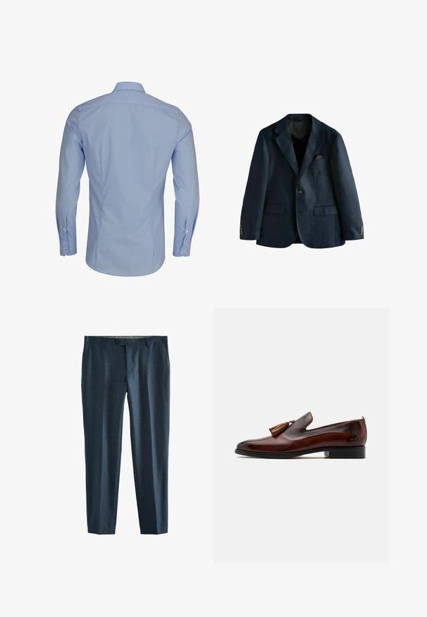 Marineblå enkeltknappet blazer med notched revers, to forlommer med klap, brystlomme med lommetørklæde og manchetter med knapper.; Lyseblå langærmet skjorte med knap-trykkrave, der har en glat tekstur og tætsiddende design, med hvide knapdetaljer.; Marineblå bukser lavet af glat stof, med lige snit, forlommer og en enkelt baglomme med knaplukning.; Brune læderslippers med en glat overflade, frynsedetalje på foran og en lav sort hæl. Har en elegant, strømlinet silhuet.