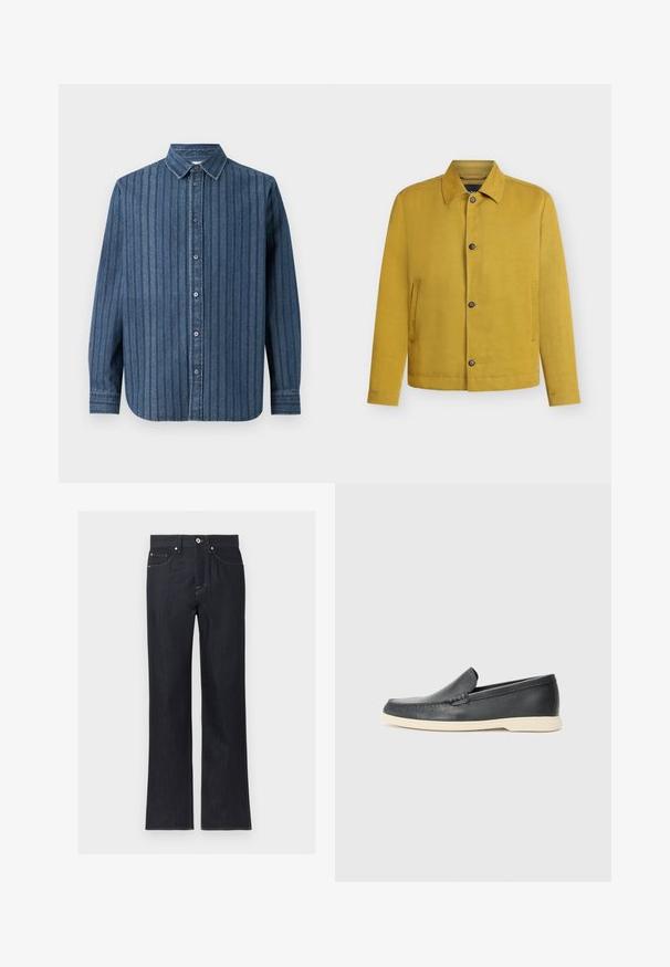 Senfgelbe knöpfbare Jacke mit langen Ärmeln, Kragen und zwei vertikalen Seitentaschen, dargestellt auf einfachem hellem Hintergrund.; Samsøe Samsøe SADAMON SHIRT - Hemd - denim; Dunkelblaue Jeans mit geradem Bein, vorderen Taschen, Knopfverschluss und sichtbaren Nähten auf einem schlichten hellen Hintergrund.; Schwarzer Loafer aus Leder zum Hineinschlüpfen mit beiger Sohle, schwebend in der Luft nahe einem Metall-Draht-Magazinhalter auf einem Terrazzo-Boden.
