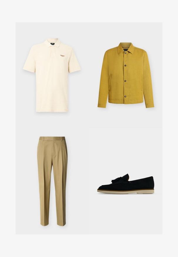 Veste jaune moutarde boutonnée avec manches longues, col et deux poches latérales verticales, affichée sur un fond clair uni.; Polo beige clair en tissu doux, doté d'une patte à trois boutons et d'un petit logo texturé sur la poitrine gauche.; Pantalon beige ajusté avec passants de ceinture et pli frontal, présenté sur un fond clair uni.; Mocassin noir en cuir avec pampilles et semelle en caoutchouc beige, présenté de profil sur un fond gris clair uni.