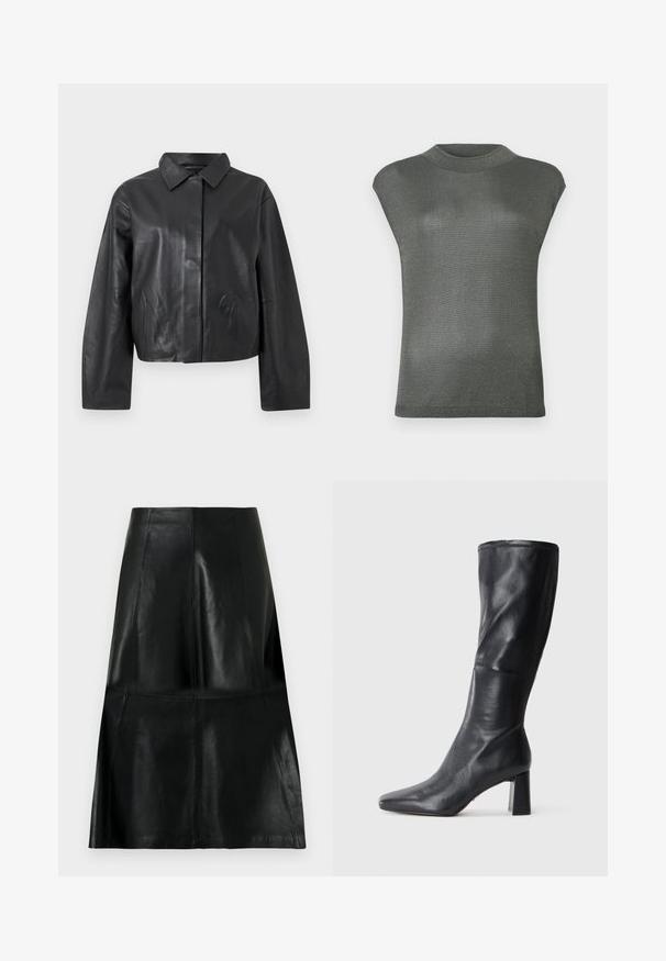 Veste en cuir noire à manches longues, col classique, et fermeture frontale cachée sur un fond clair uni.; Haut court à manches courtes, gris métallisé, avec un col haut. Fabriqué dans un matériau extensible et légèrement réfléchissant. Texture lisse et design ajusté.; Jupe en cuir noire longueur genou avec des coutures de panneaux verticales et horizontales, légèrement évasée au bas.; Botte en cuir noir, hauteur genou, à bout pointu et à talon épais. Texture lisse avec un design élégant et des détails de couture subtils.