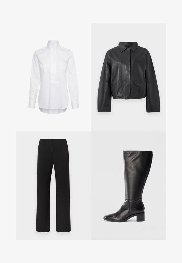 Chaqueta de cuero negra con mangas largas, cuello clásico y cierre frontal oculto sobre un fondo liso y claro.; Camisa blanca de manga larga con cuello alto y dos botones, con una tapeta frontal y un dobladillo ligeramente curvado.; Pantalones negros de corte recto, con una textura suave, cierre frontal oculto y dos bolsillos delanteros.; Bota de cuero negra hasta la rodilla con punta cuadrada, tacón cuadrado y diseño elegante. Textura suave con cremallera lateral para facilitar su uso.
