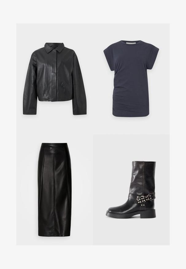Schwarze Lederjacke mit langen Ärmeln, klassischem Kragen und verdecktem Frontverschluss vor einem einfarbigen hellen Hintergrund.; Navyblaues T-Shirt aus Baumwolle, mit einem lockeren Schnitt, kurzen Dolman-Ärmeln und einer dezent gerafften Seite für Textur.; Schwarzer Midirock aus Leder mit taillierter Passform, glatter Textur, sichtbaren Nahtdetails und geradem Schnitt. Keine Verzierungen vorhanden.; Schwarze Lederstiefelette mit runder Zehenform, stabiler Absatz und dekorativem Schnallenriemen mit silbernen Nieten. Glatte Textur.