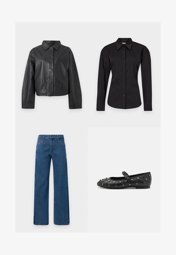 Chaqueta de cuero negra con mangas largas, cuello clásico y cierre frontal oculto sobre un fondo liso y claro.; Camisa negra de botón hecha de algodón. Presenta mangas largas, un cuello clásico y una forma ajustada con una textura suave.; Jeans de tiro alto y pierna ancha en color azul, con bolsillos delanteros y traseros, cierre de botones y costuras visibles sobre un fondo blanco.; Bailarinas de cuero negro con punta redonda, con una correa y acentos de tachuelas plateadas a lo largo de la parte superior. Textura lisa con un tacón bajo.
