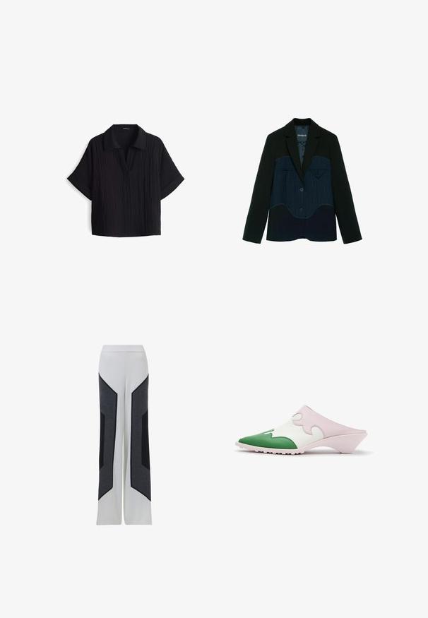 Zwarte blazer met marineblauw krijtstreep paneel over de borst en twee knopen, met een klein driehoekig zakje aan de rechterkant.; ZwarteT-shirt met korte mouwen en een kraaghalslijn, gemaakt van een textuur- en ribstof en met een losse pasvorm. Geen zichtbare sluitingen.; Witte wijde pijpen met donkergrijze en zwarte geometrische zijpanelen, voorzien van een elastische tailleband en een zachte stoftextuur.; Slip-on mule schoen met puntige groene neus, witte bovenzijde met roze golvend overlay en lage schuine hak op witte achtergrond.