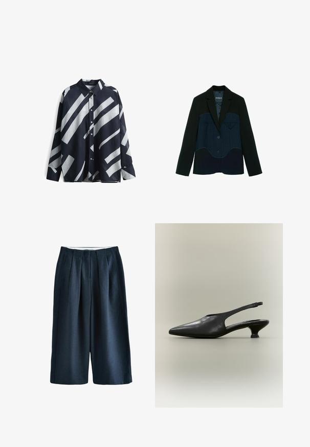 Zwarte blazer met marineblauw krijtstreep paneel over de borst en twee knopen, met een klein driehoekig zakje aan de rechterkant.; Overhemd met knopen, gemaakt van lichtgewicht stof, met een marineblauwe achtergrond en gedurfde witte diagonale strepen en een klassieke kraag.; Marineblauwe wijde broek met plooien, gemaakt van gladde stof, met een hoge taille, twee zakken aan de voorkant en een nette afwerking zonder zichtbare sluitingen.; Zwarte leren slingback schoen met puntige neus en lage kittenhak op een neutrale achtergrond.
