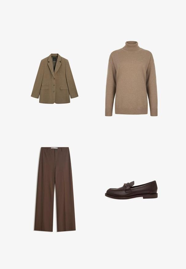 Brauner, maßgeschneiderter Blazer mit drei Knöpfen, Stegkragen und drei Vordertaschen, vor weißem Hintergrund dargestellt.; Beiger Langarm-Rollkragenpullover mit geripptem Kragen, Bündchen und Saum, vor weißem Hintergrund dargestellt.; Braune weite Hosen mit einer glatten Textur, vorderen Falten, einem Knopfverschluss und zwei seitlichen Taschen. Designed für Komfort und Vielseitigkeit.; Dunkelbrauner Lederschuh im Penny-Loafer-Stil mit niedrigem Absatz und Mokassinnaht, von der Außenseite auf weißem Hintergrund betrachtet.