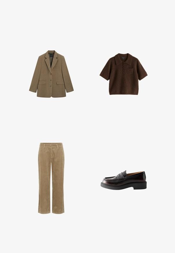 Bruine op maat gemaakte blazer met drie knopen, notch-reverskraag en drie voorzakken, afgebeeld tegen een witte achtergrond.; Bruine kortemouw fuzzy gebreide polo met kraag, vijf knopen aan de voorkant en een klein borstzakje.; Beige corduroy broek met riemlussen, knoopsluiting aan de voorkant, ritssluiting en rechte pijpen.; Donkerbruine leren loafer met pennyriem, stiksel detail en dikke zwarte rubberen zool, zijaanzicht op een witte achtergrond.