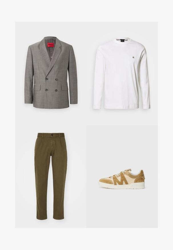 Blazer homme gris à double boutonnage avec revers crantés, quatre boutons, deux poches à rabat à l'avant, et étiquette rouge "HUGO" à l'intérieur du col.; T-shirt blanc à manches longues en coton lisse, avec un col rond et un petit logo métallique sur la poitrine gauche.; Pantalons en coton vert olive avec une coupe droite, dotés d'une fermeture à bouton à l'avant, de passants de ceinture et de poches latérales. Texture lisse.; Baskets beige et marron avec un mélange de suède et de maille, dotées d'un design découpé distinct en forme de 'M', de lacets blancs et d'une semelle en caoutchouc texturée.