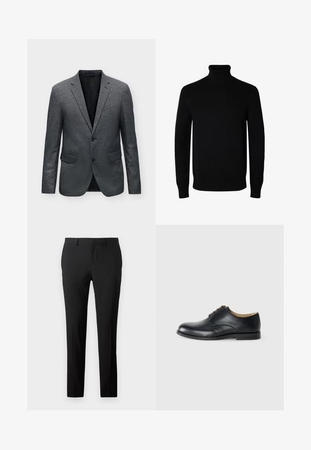 Grauer und schwarzer Herrenblazer mit kleinem Karomuster, zwei Knöpfen, gekerbtem Revers und Pattentaschen, dargestellt auf weißem Hintergrund.; Schwarzer Langarm-Rollkragenpullover mit gerippten Bündchen und Saum, auf einem schlichten weißen Hintergrund dargestellt.; Maßgeschneiderte schwarze Hose aus glattem Stoff. Sie verfügt über ein gerades Bein, Vorderfalten und Gürtelschlaufen für eine anpassbare Größe.; Calvin Klein ESS DERBY - Schnürer - triple black