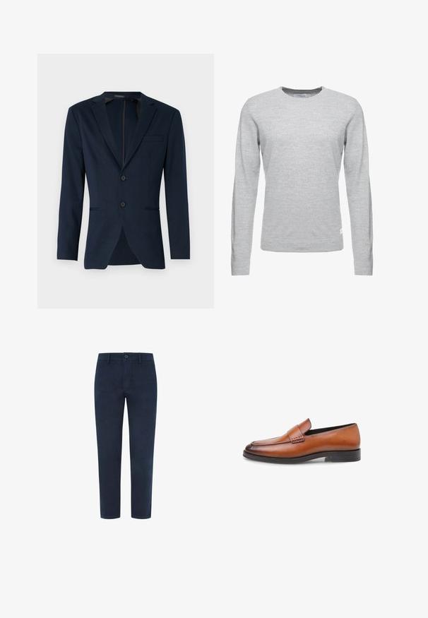 Mørkeblå blazer med klapkrave, to frontknapper og en enkelt brystlomme, lavet af et glat stof. Skræddersyet pasform.; Lys grå sweater, lange ærmer, rund hals, blød tekstur, minimalistisk design, lille logomærke på den nederste venstre søm.; Marineblå bomulds-chinos med knaplukning, lige ben og en glat tekstur. Har sidelommer og en enkelt baglomme.; Brune læder loafers med en glat overflade, let afrundet tå, dekorative syninger og en minimal sort gummisål.
