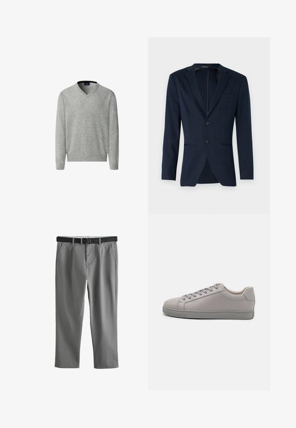 Námornícky modrý blazer s klopovým golierom, dvoma prednými gombíkmi a jednou prsníkovou vreckom, vyrobený z hladkého materiálu. Prispôsobený strih.; Hackett London Svetrík - metal grey; Sivé nohavice s rovným strihom, bočnými vreckami a čiernym koženým opaskom, zobrazené rozložené na bielom pozadí.; Šedé kožené tenisky s hladkým povrchom, plochými šnúrkami, zaoblenou špičkou a kontrastnou šedou gumovou podrážkou. Minimalistický dizajn a textúra.
