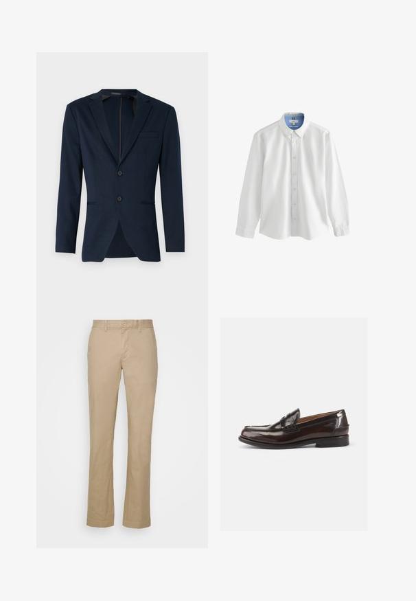 Námornícky modrý blazer s klopovým golierom, dvoma prednými gombíkmi a jednou prsníkovou vreckom, vyrobený z hladkého materiálu. Prispôsobený strih.; Biela košeľa s dlhými rukávmi a gombíkovým zapínaním, s modrým lemovaním okolo goliera, v klasickom strihu a s jemnou výšivkou na hrudi.; Bežové nohavice s rovným strihom vyrobené z bavlny, s plochým predným dielom a pútkami na opasok. Obsahujú jediné zapínanie na gombík a obšité manžety.; Hnedé kožené mokasíny s lesklým povrchom, prešitou dekoráciou na špičke a nízkym podpätkom. Na boku sa nachádza embosovaný branding.