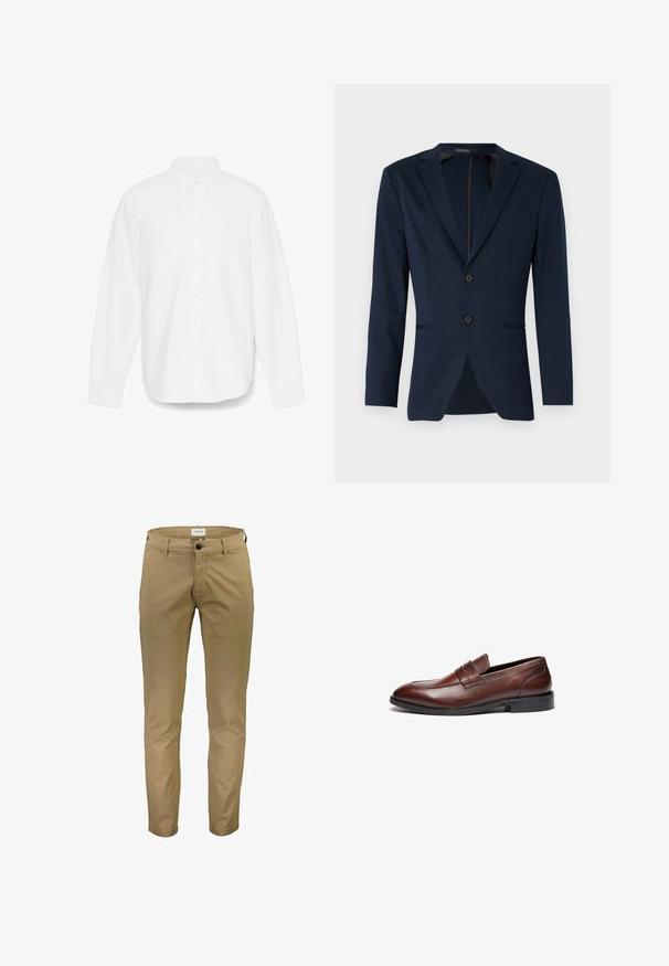 Navyblaues Blazer mit Reverskragen, zwei Frontknöpfen und einer einzelnen Brusttasche, aus einem glatten Stoff gefertigt. Passform: tailliert.; Weißes Hemd mit langen Ärmeln, Knopfverschluss und spitzem Kragen, mit einer einzelnen Tasche und einem dezent strukturierten Stoff. Mit Button-Manschetten und geradem Saum.; Lindbergh PANTS - Chino - deep sand; Braune Lederloafer mit glatter Oberfläche, abgerundeter Spitze, dekorativem Riemen und schwarzer Gummisohle. Merkmale sind minimale Nähte.